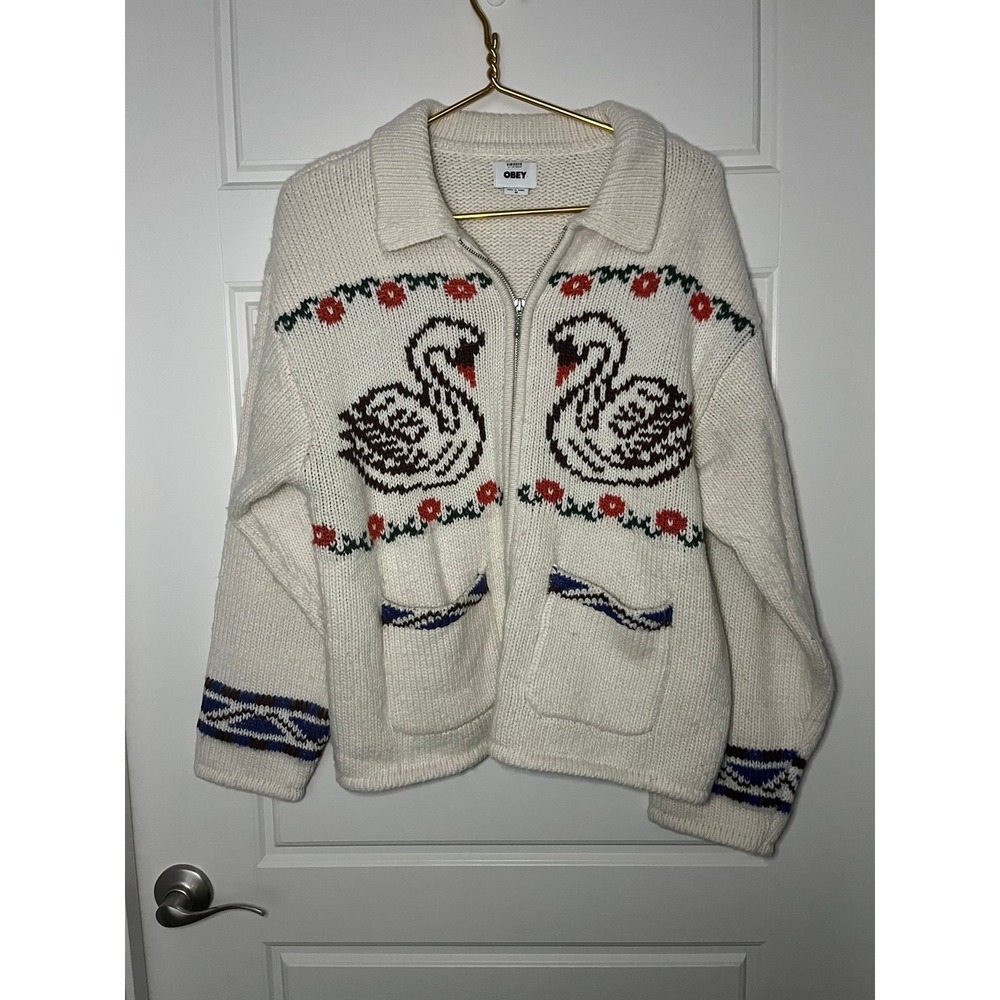 Obey Swans Wool Blend Zip Sweater Women's Sz Medium